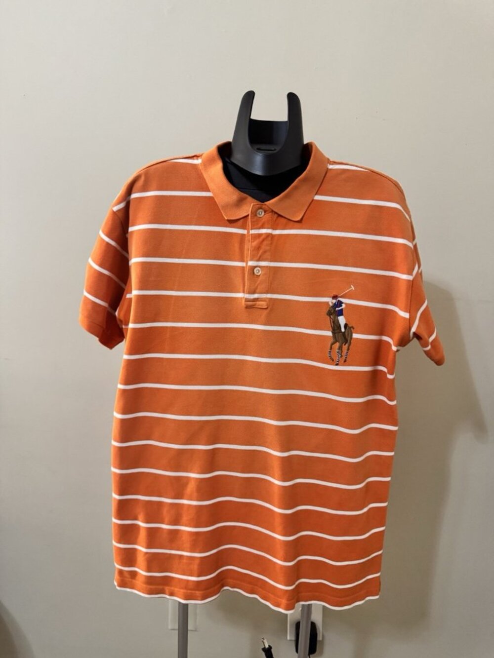 Ralph Lauren Polo Cotton Polo Shirt Peach & White Striped Size LARGE